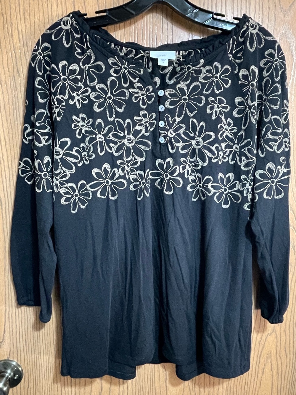 EUC J. Jill Black Henley Top with Cream Floral Embroidery